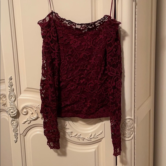 Wine Coloured Lace Off-Shoulder Top - Picture 2 of 3
